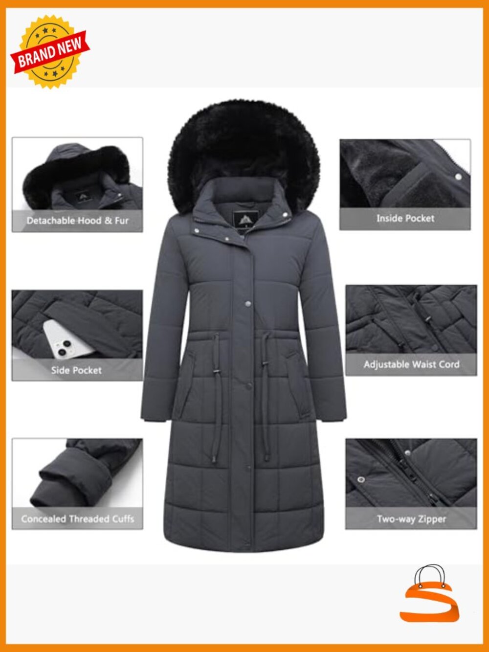 Long Waterproof Parka with Detachable Faux Fur Hood - Warm Winter Snow Puffer - Picture 4 of 5